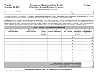 Document preview: Schedule RD-CON Research and Development Tax Credits Schedule of Contract Research Expenses - Virginia
