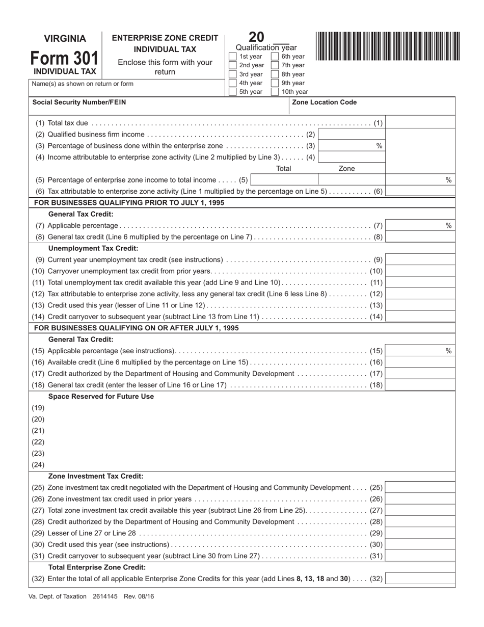 Form 301 Enterprise Zone Credit - Individual Tax - Virginia, Page 1