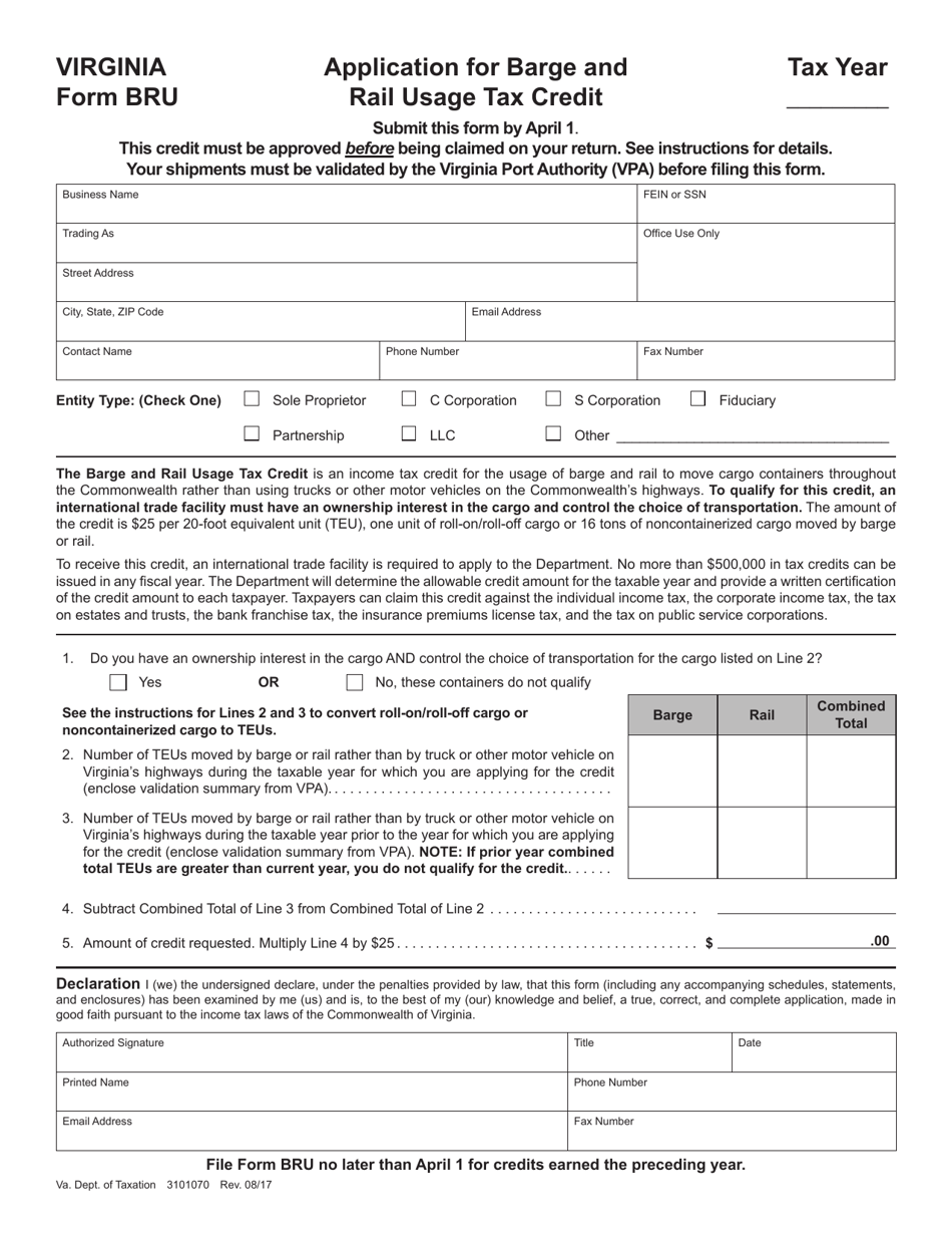 Form BRU Application for Barge and Rail Usage Tax Credit - Virginia, Page 1