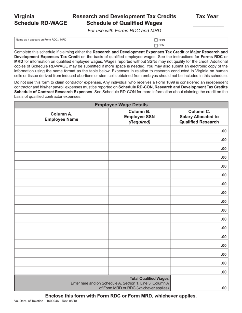 Virginia Research and Development Tax Credits Schedule of Qualified ...