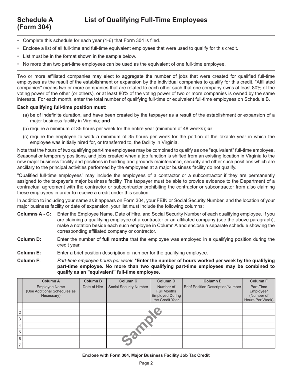 Form 304 Major Business Facility Job Tax Credit - Virginia, Page 2