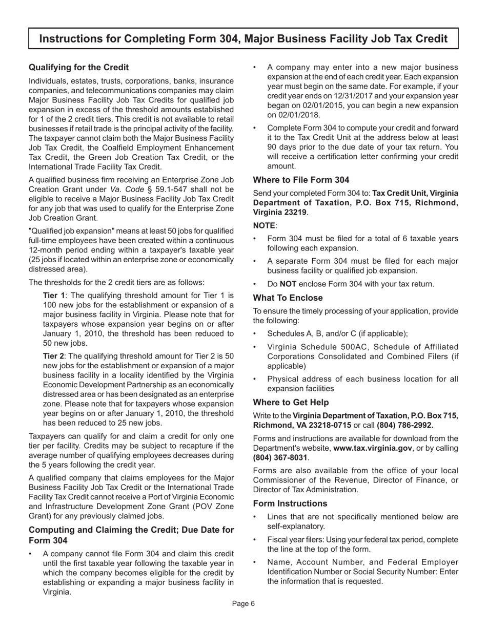 Form 304 Major Business Facility Job Tax Credit - Virginia, Page 6