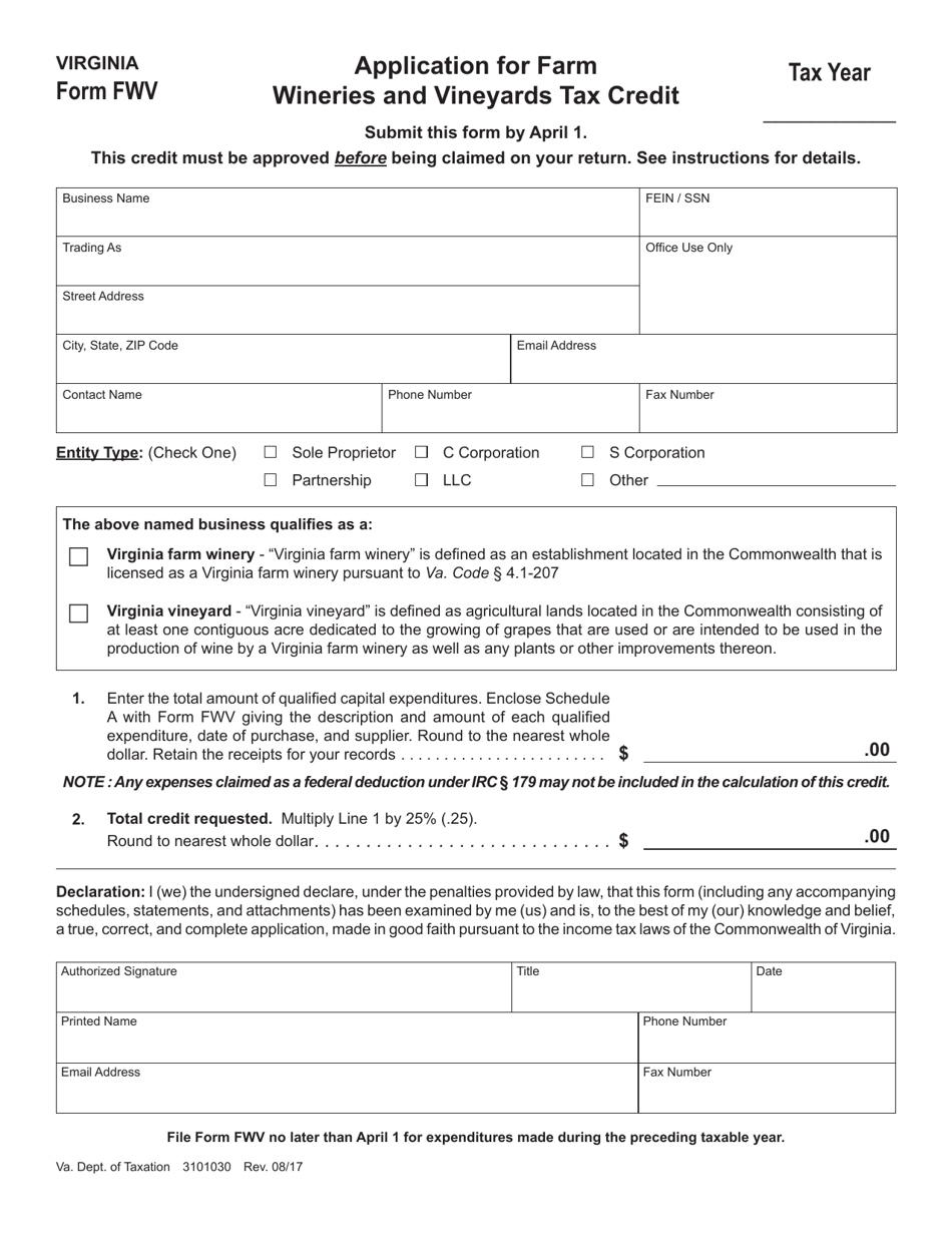 Form FWV Application for Farm Wineries and Vineyards Tax Credit - Virginia, Page 1