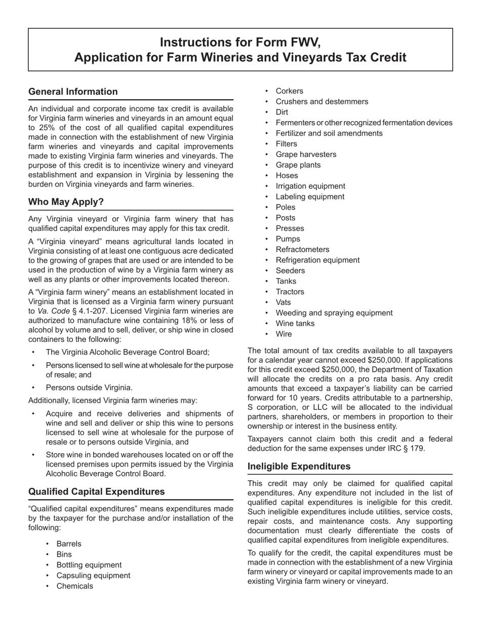 Form FWV Application for Farm Wineries and Vineyards Tax Credit - Virginia, Page 3