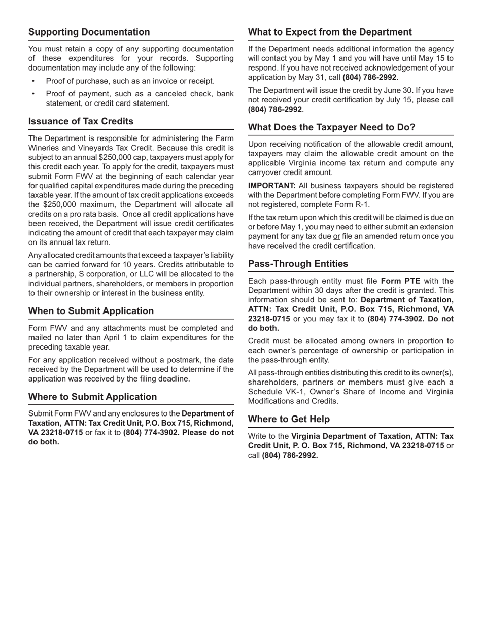 Form FWV Application for Farm Wineries and Vineyards Tax Credit - Virginia, Page 4