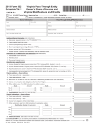 Document preview: Form 502 Schedule VK-1 Virginia Pass-Through Entity Owner's Share of Income and Virginia Modifications and Credits - Virginia