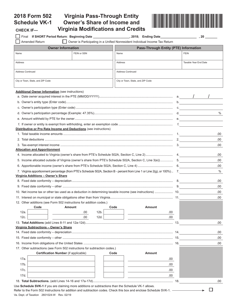 Form 502 Schedule VK-1 Virginia Pass-Through Entity Owners Share of Income and Virginia Modifications and Credits - Virginia, Page 1