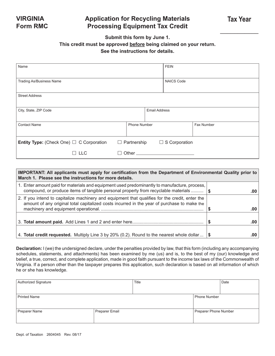 Form RMC Application for Recycling Materials Processing Equipment Tax Credit - Virginia, Page 1