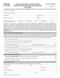 Document preview: Form EDC Taxpayer Application for the Qualified Equity and Subordinated Debt Investments Tax Credit - Virginia