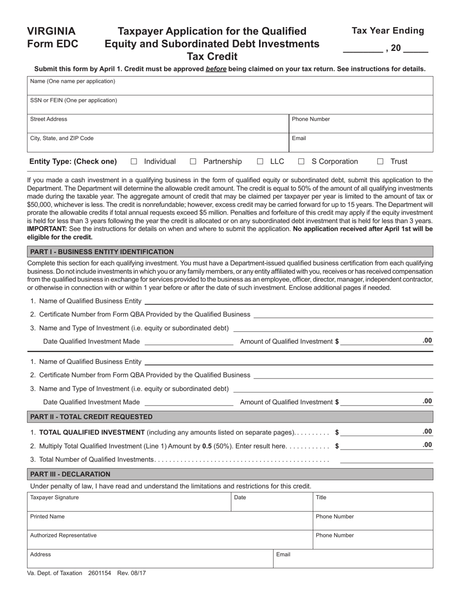 Form EDC Taxpayer Application for the Qualified Equity and Subordinated Debt Investments Tax Credit - Virginia, Page 1