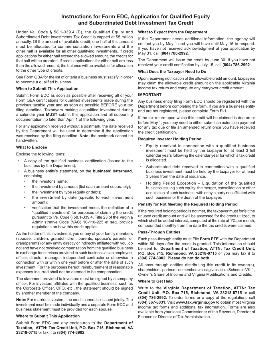 Form EDC Taxpayer Application for the Qualified Equity and Subordinated Debt Investments Tax Credit - Virginia, Page 2