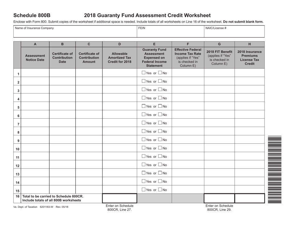 Schedule 800B Guaranty Fund Assessment Credit Worksheet - Virginia, Page 1