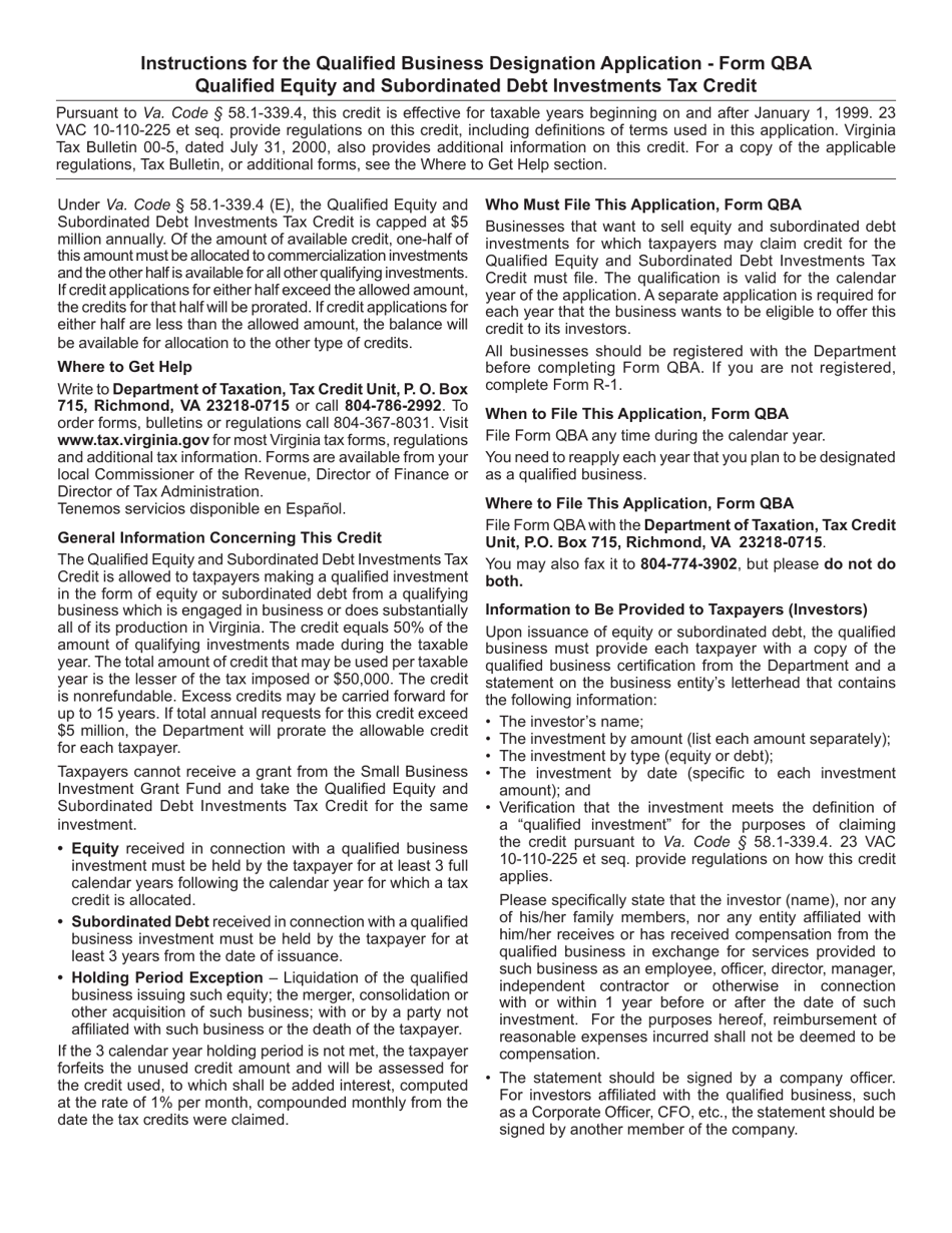 Form QBA Application for Designation as a Qualified Business for the Qualified Equity and Subordinated Debt Investments Tax Credit - Virginia, Page 3