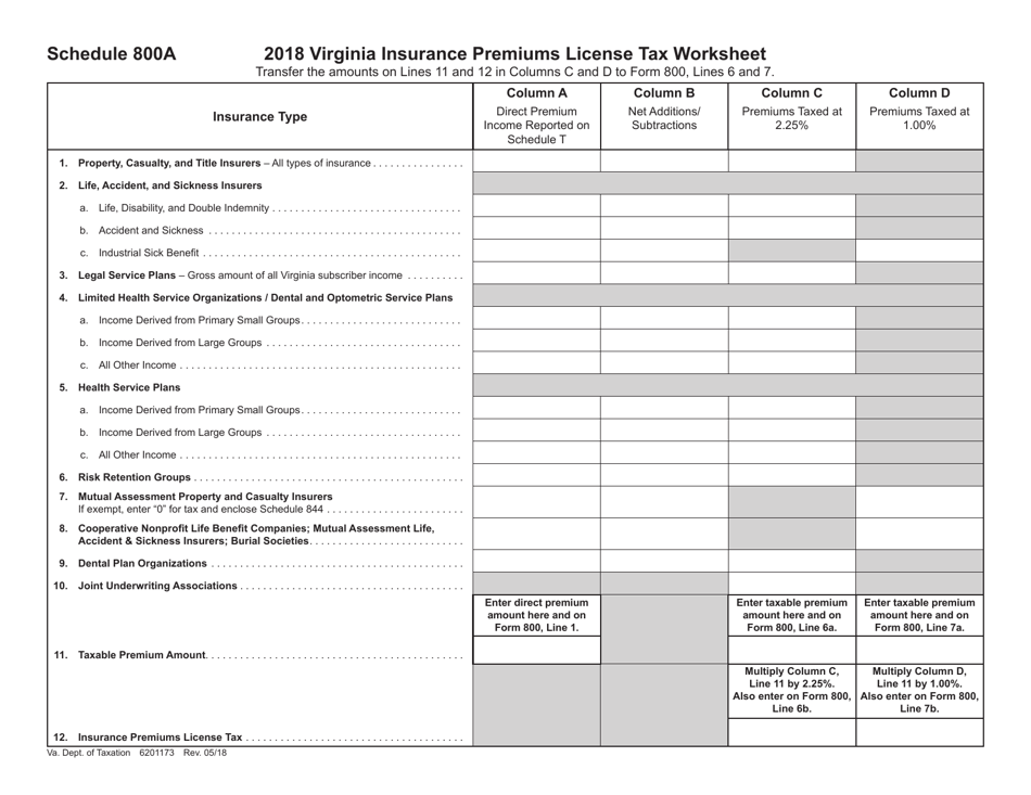 Schedule 800A Insurance Premiums License Tax Worksheet - Virginia, Page 1