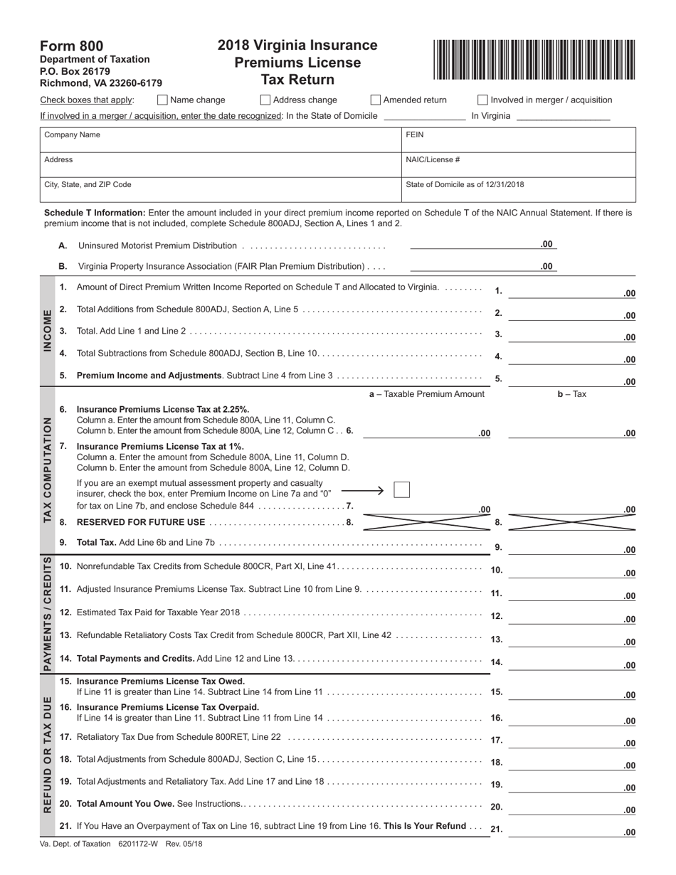 Form 800 Insurance Premiums License Tax Return - Virginia, Page 1
