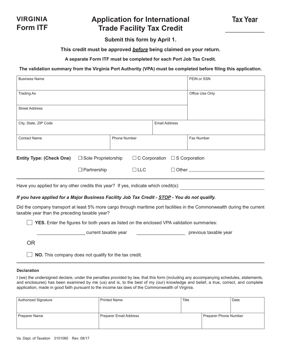 Form ITF Application for International Trade Facility Tax Credit - Virginia, Page 1