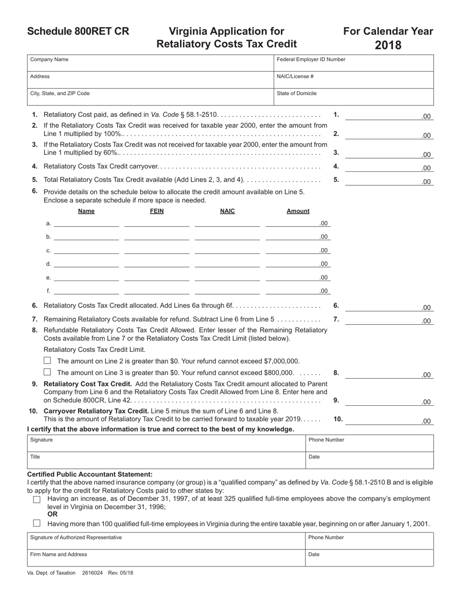 Schedule 800RET CR Virginia Application for Retaliatory Costs Tax Credit - Virginia, Page 1