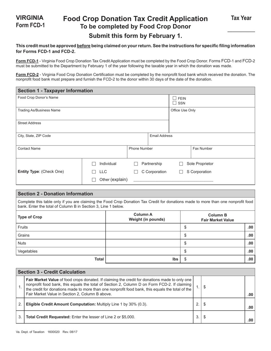 Form FCD-1 Food Crop Donation Tax Credit Application - Virginia, Page 1