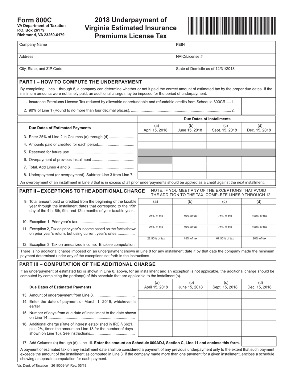 Form 800C Underpayment of Virginia Estimated Insurance Premiums License Tax - Virginia, Page 1