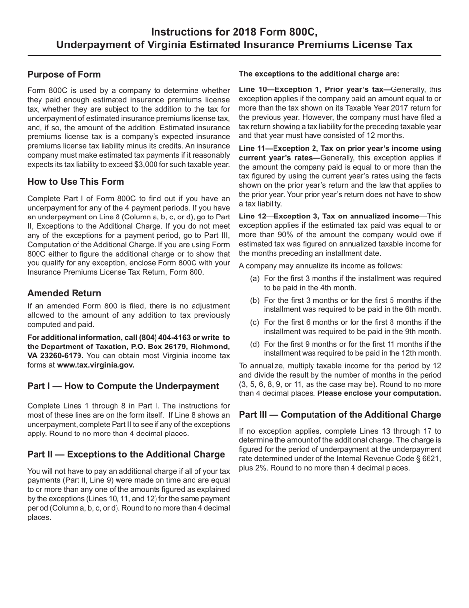 Form 800C Underpayment of Virginia Estimated Insurance Premiums License Tax - Virginia, Page 2