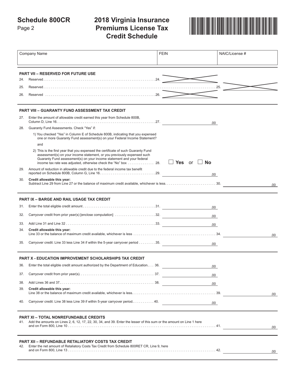 Schedule 800CR Virginia Insurance Premiums License Tax Credit Schedule - Virginia, Page 2