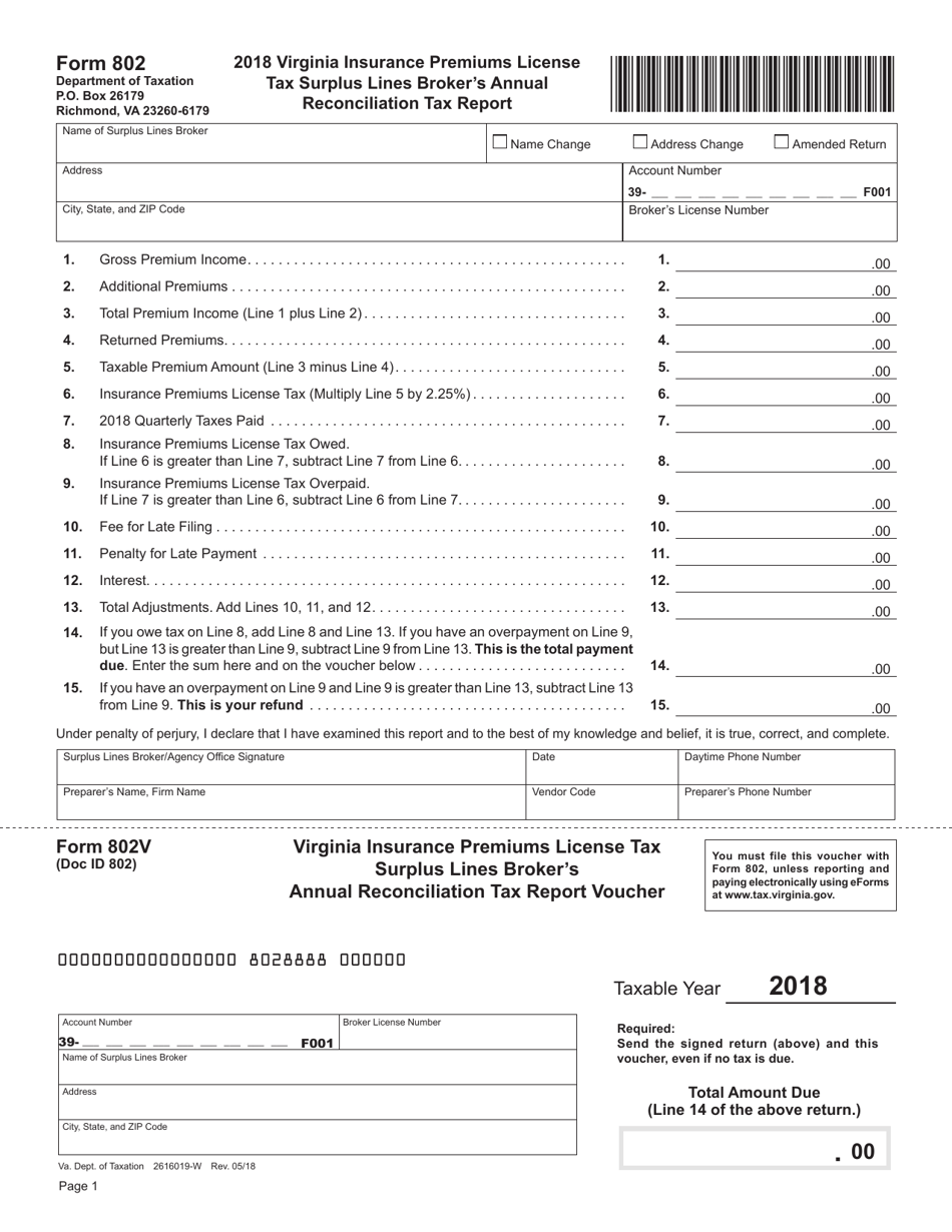 Form 802 Virginia Insurance Premiums License Tax Surplus Lines Brokers Annual Reconciliation Tax Report - Virginia, Page 1