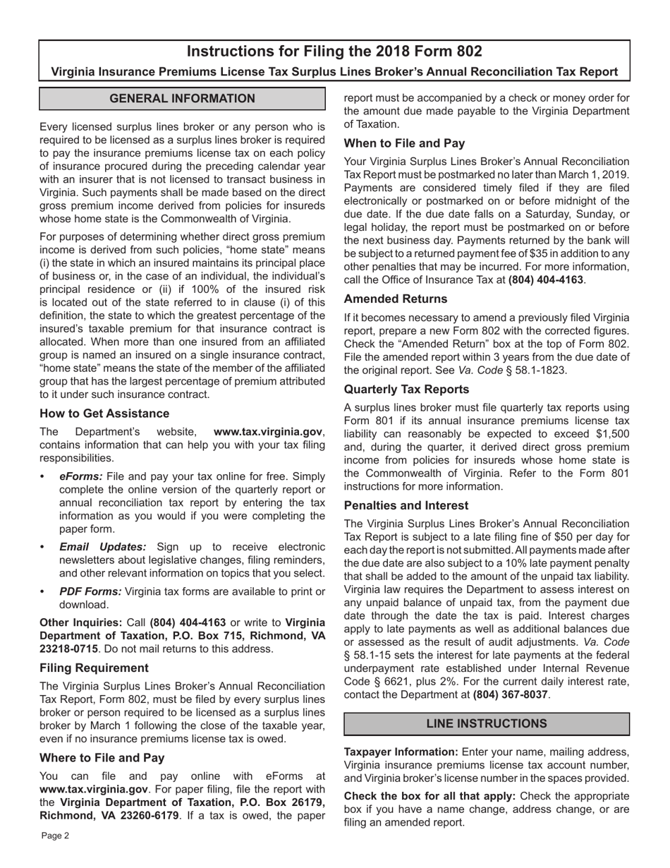 Form 802 Virginia Insurance Premiums License Tax Surplus Lines Brokers Annual Reconciliation Tax Report - Virginia, Page 2