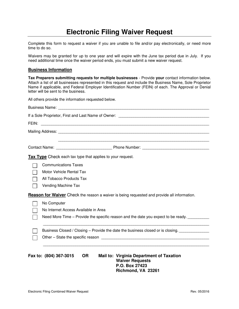 Electronic Filing Waiver Request Form - Virginia, Page 1