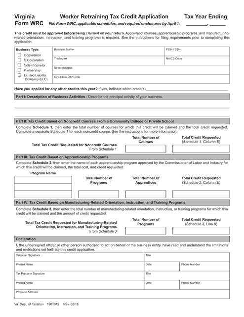 Form WRC Worker Retraining Tax Credit Application - Virginia