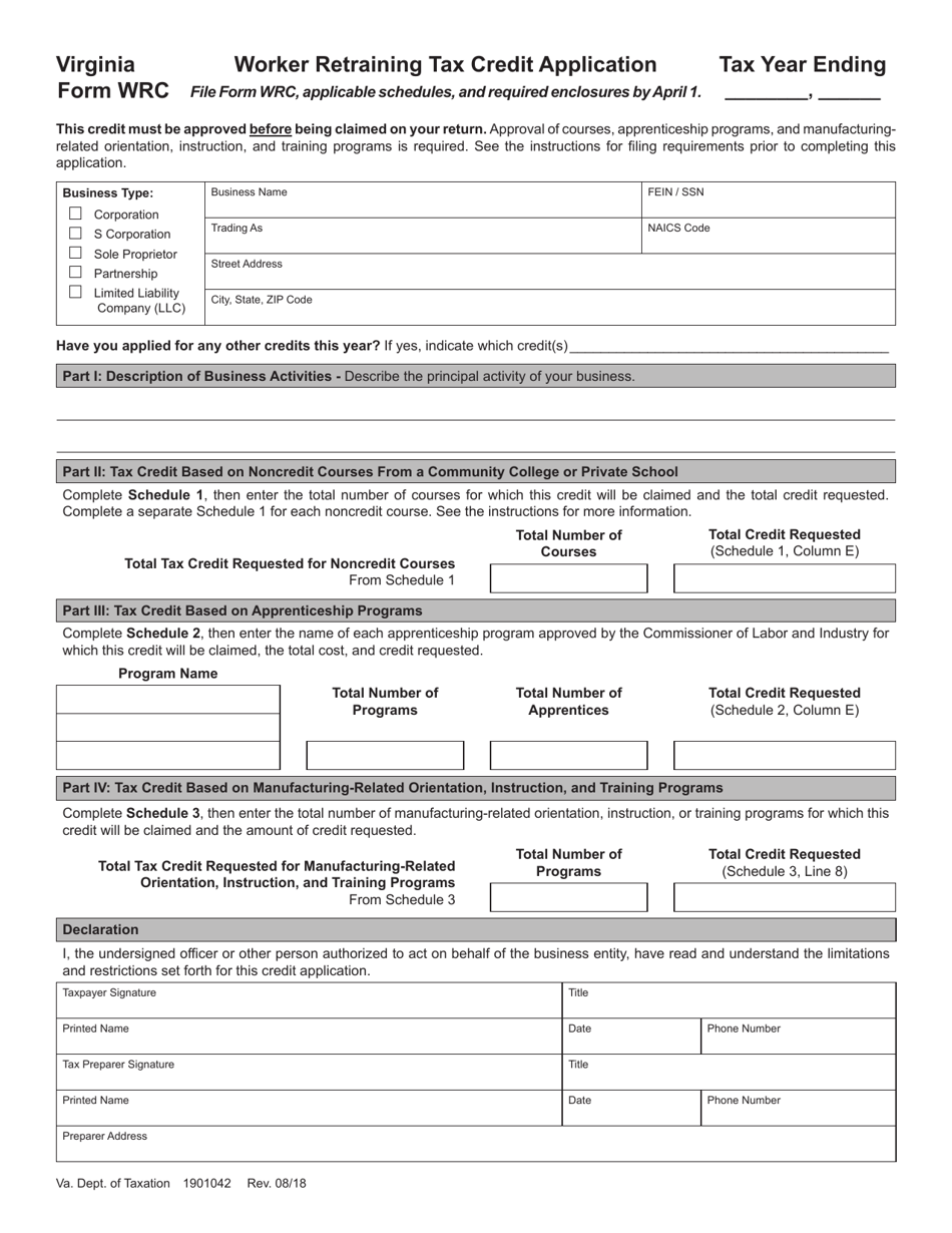 Form WRC Worker Retraining Tax Credit Application - Virginia, Page 1