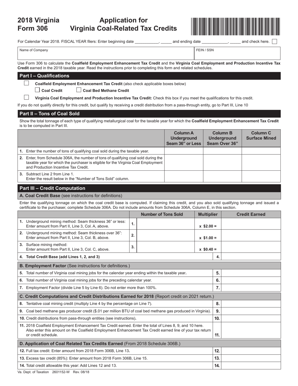 Form 306 Application for Virginia Coal-Related Tax Credits - Virginia, Page 1