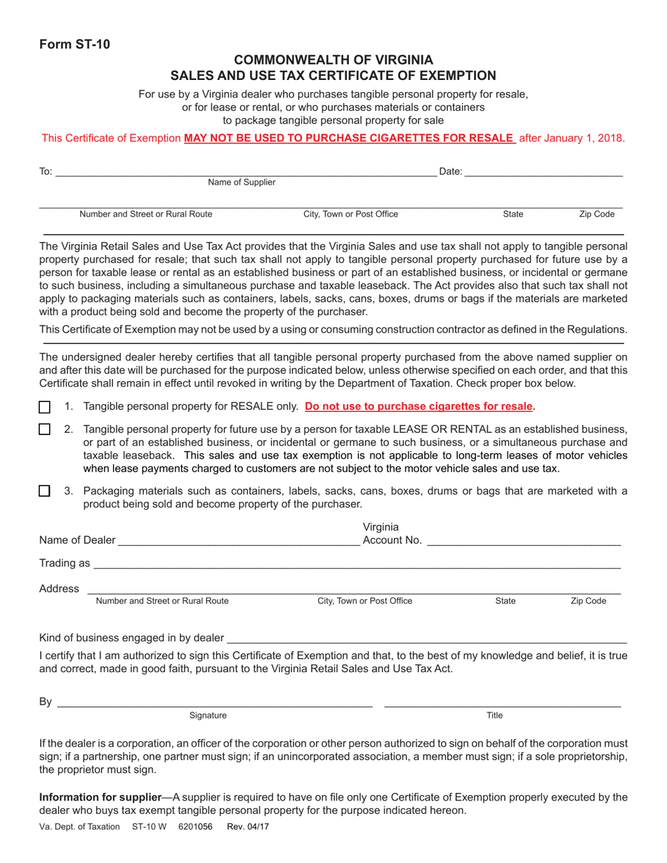 Form ST-10 Exemption Certificate for Certain Purchases by Virginia Dealers - Virginia, Page 1