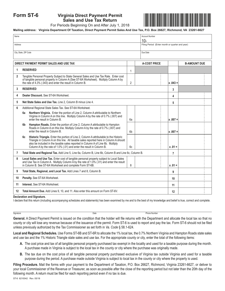 Form ST-6 Direct Pay Permit Sales and Use Tax Return - Virginia, Page 1