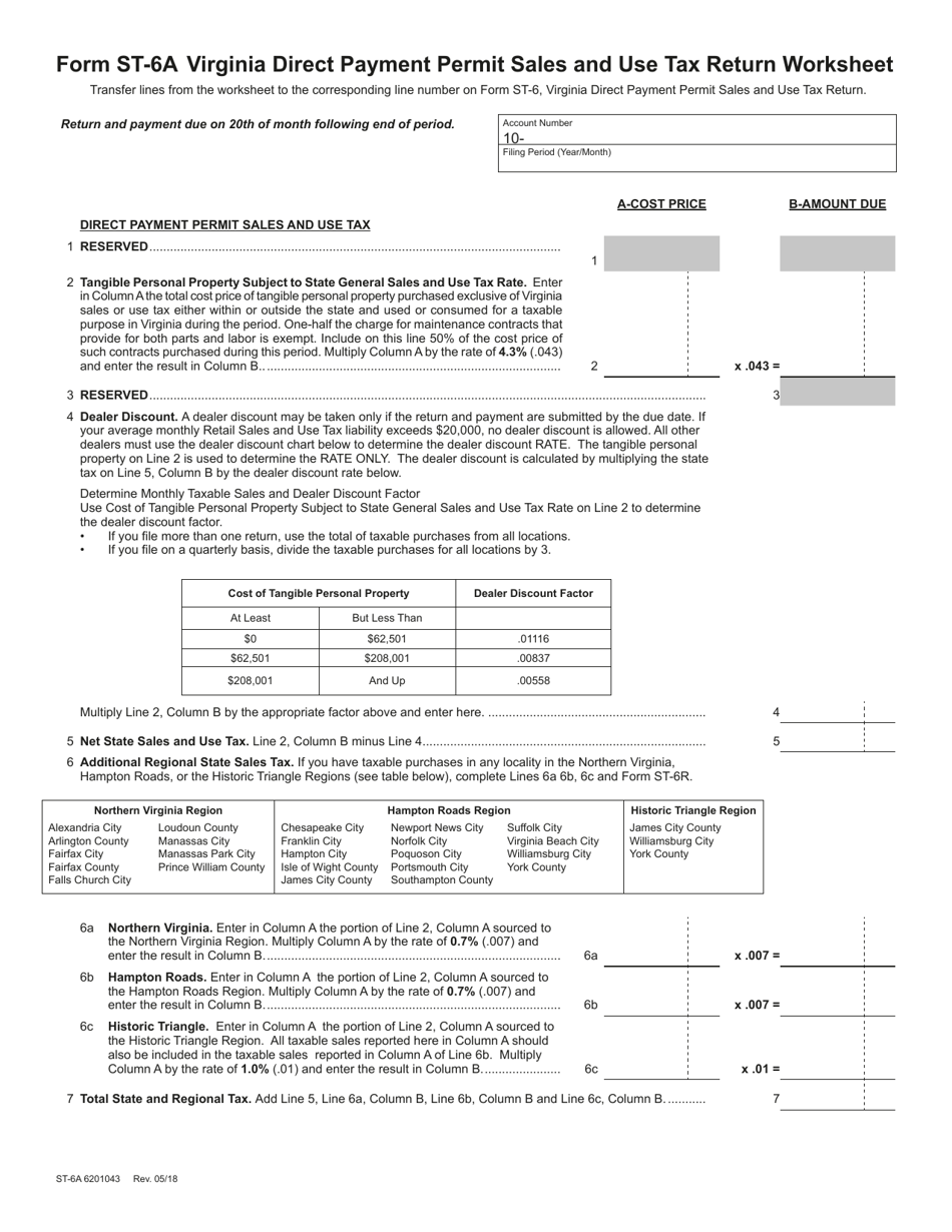 Form ST6 Fill Out, Sign Online and Download Fillable PDF, Virginia