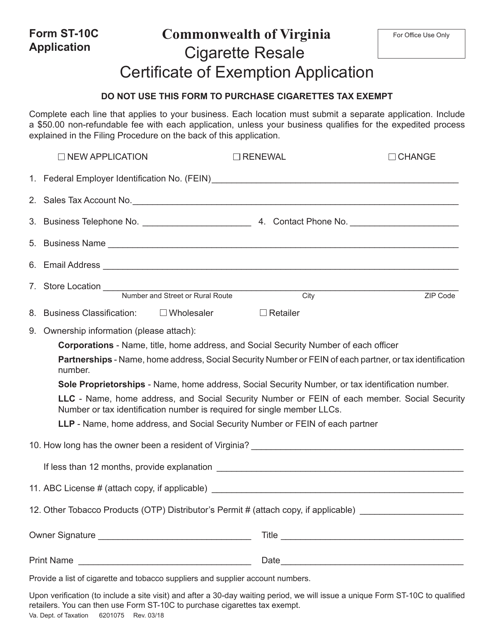 Form ST-10C Cigarette Resale Certificate of Exemption Application - Virginia
