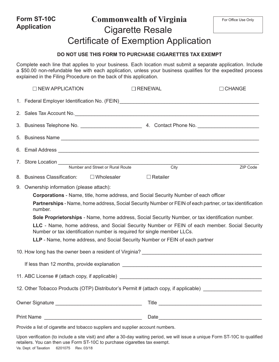 Form ST-10C Cigarette Resale Certificate of Exemption Application - Virginia, Page 1