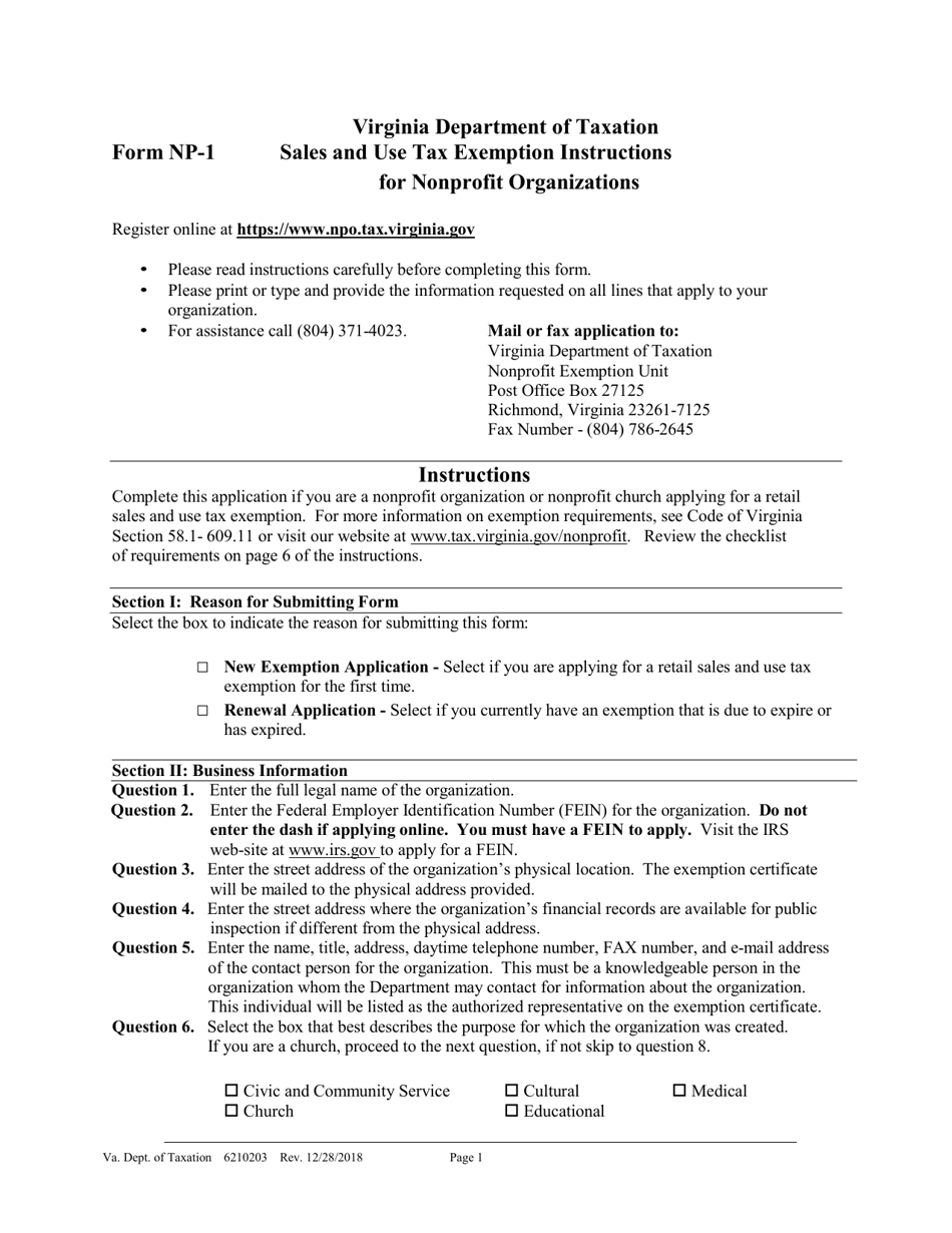 Instructions for Form NP-1 Exemption Application for Nonprofit Organizations - Virginia, Page 1