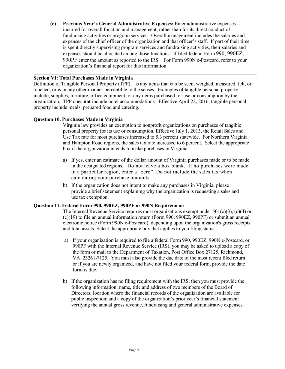 Instructions for Form NP-1 Exemption Application for Nonprofit Organizations - Virginia, Page 5