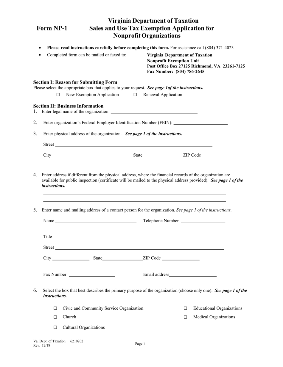 Form NP-1 Sales and Use Tax Exemption Application for Nonprofit Organizations - Virginia, Page 1