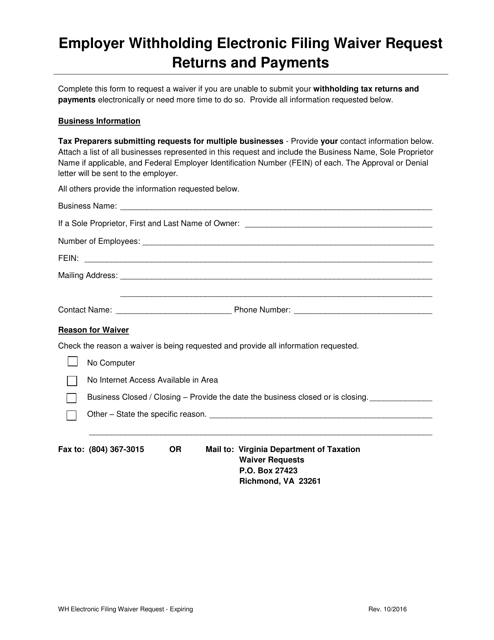 Employer Withholding Electronic Filing Waiver Request - Returns and Payments - Virginia Download Pdf