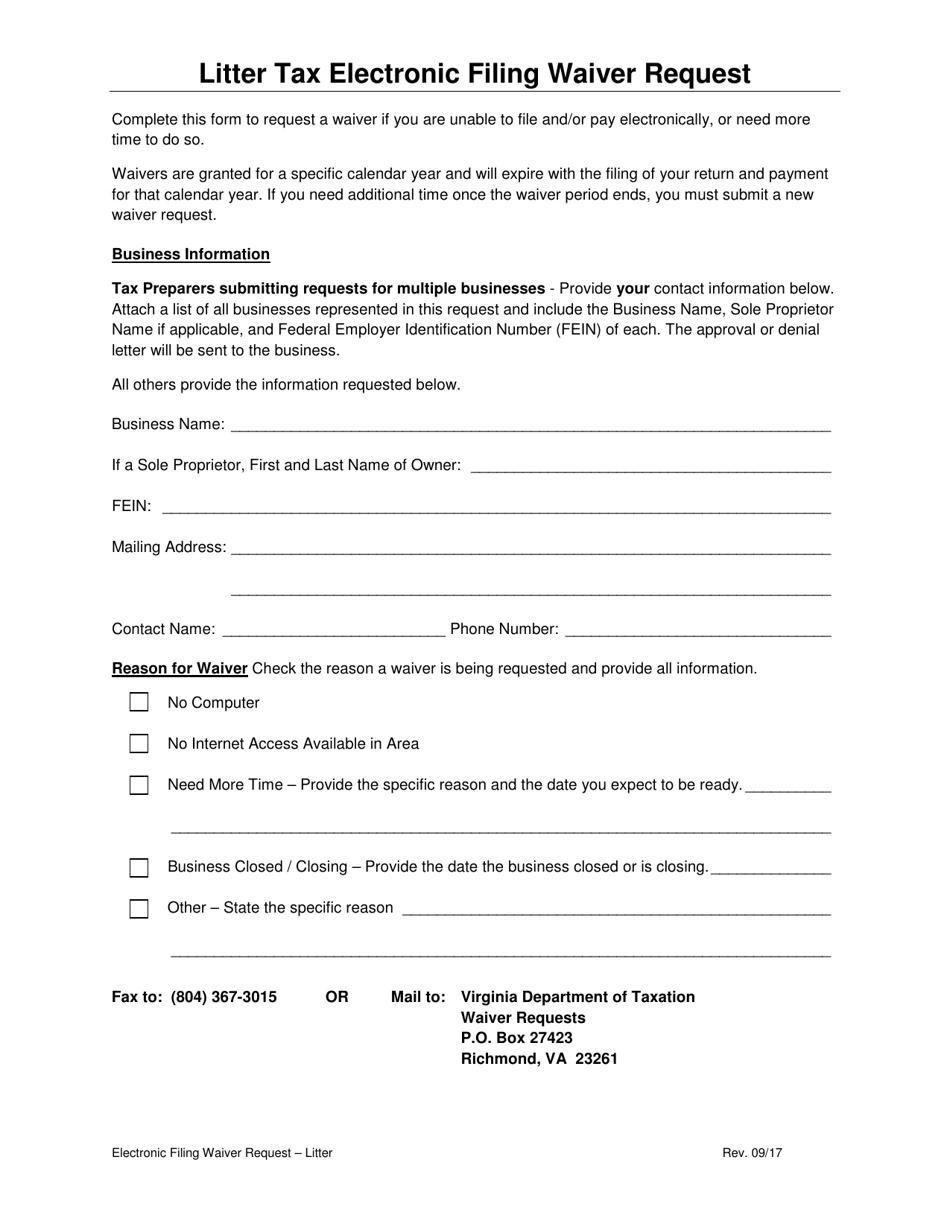 Form 200 Litter Tax Electronic Filing Waiver Request - Virginia, Page 1