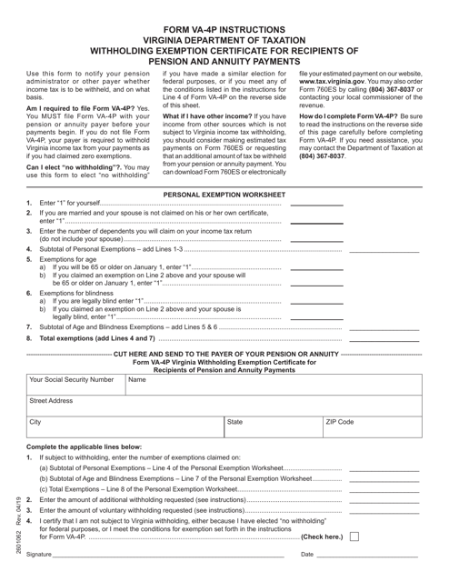 Form VA-4P Withholding Exemption Certificate for Recipients of Pension and Annuity Payments - Virginia