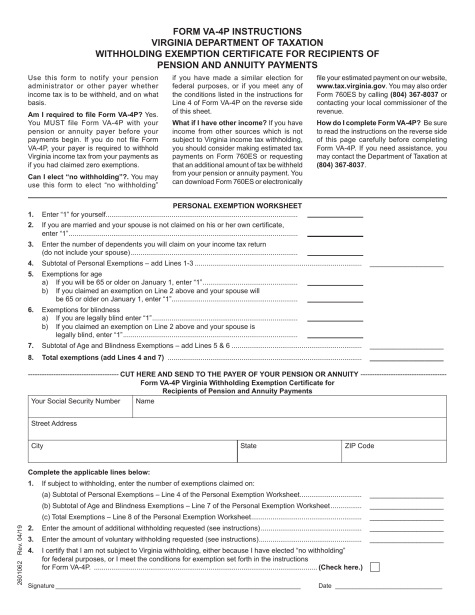 Form VA-4P Withholding Exemption Certificate for Recipients of Pension and Annuity Payments - Virginia, Page 1