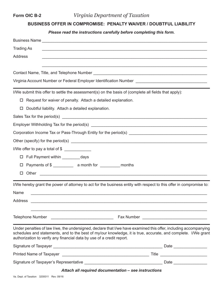 Form OIC B-2 Business Offer in Compromise: Penalty Waiver / Doubtful Liability - Virginia, Page 1