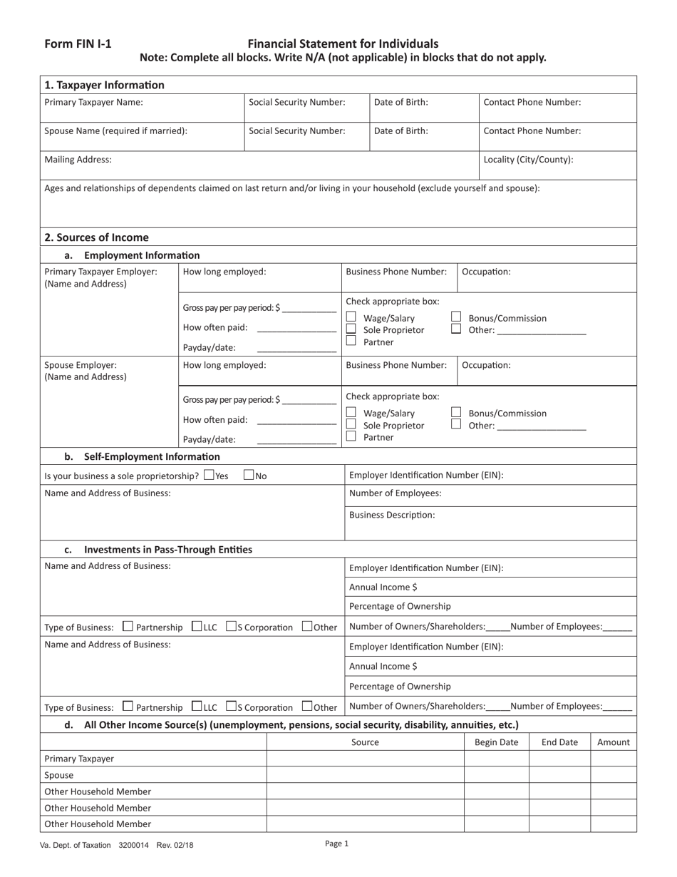 Form FIN I-1 Financial Statement for Individuals - Virginia, Page 1
