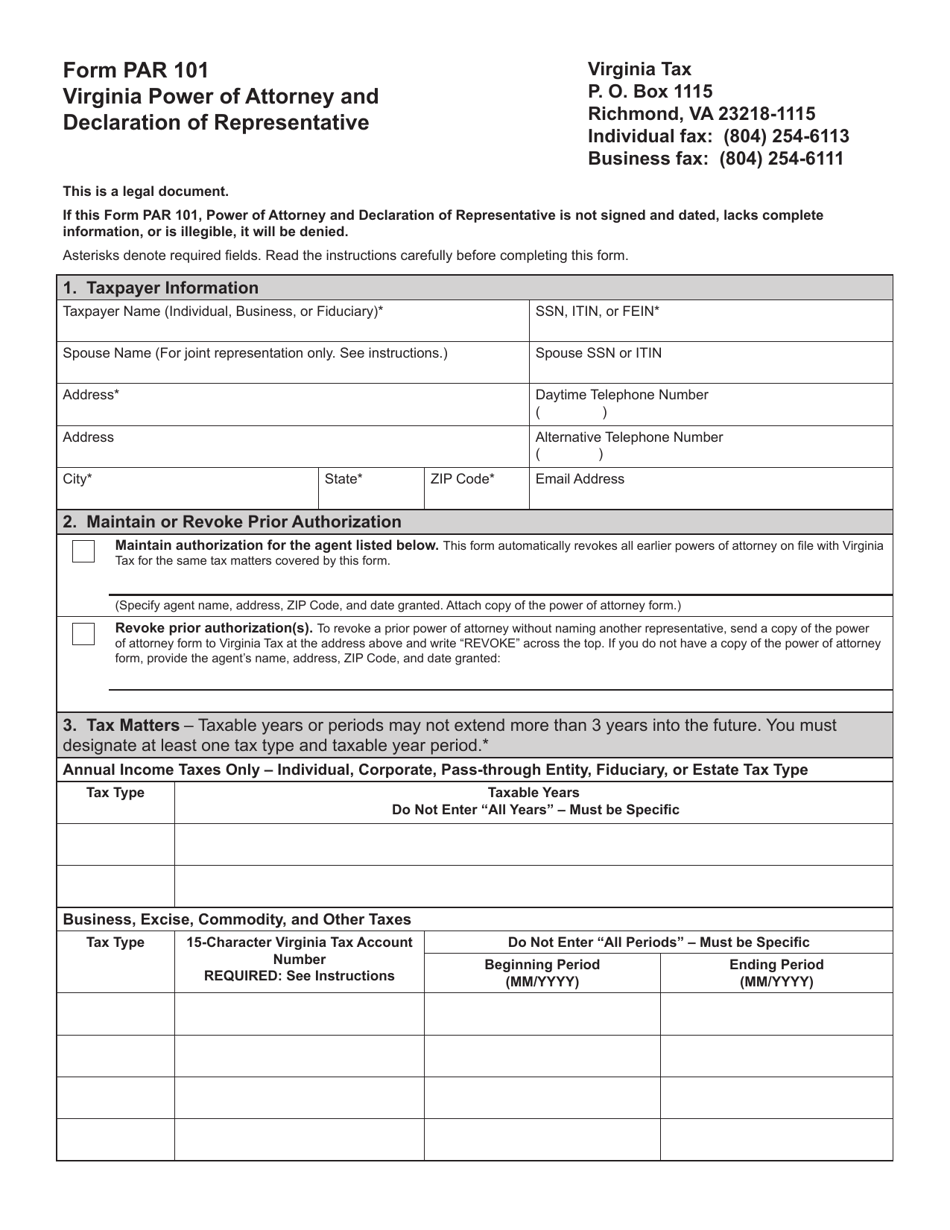 Form PAR101 Power of Attorney and Declaration of Representative - Virginia, Page 1