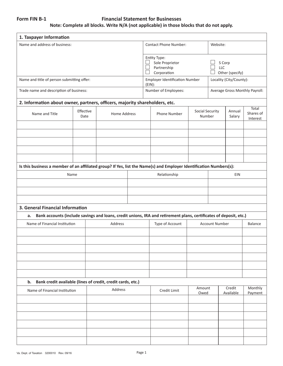 Form FIN B-1 Financial Statement for Businesses - Virginia, Page 1