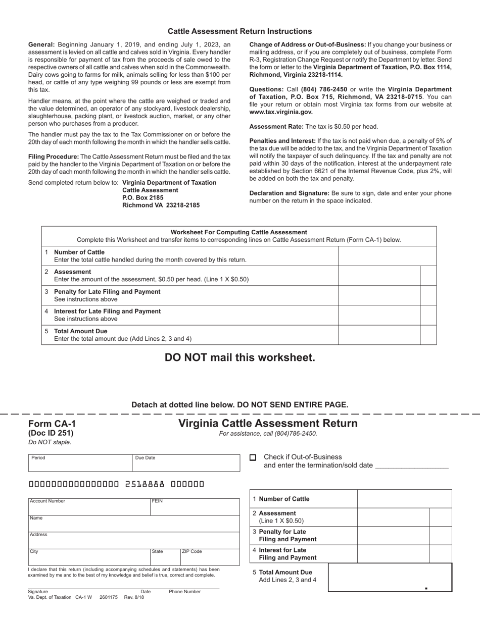 Form CA-1 Cattle Assessment Return - Virginia, Page 1