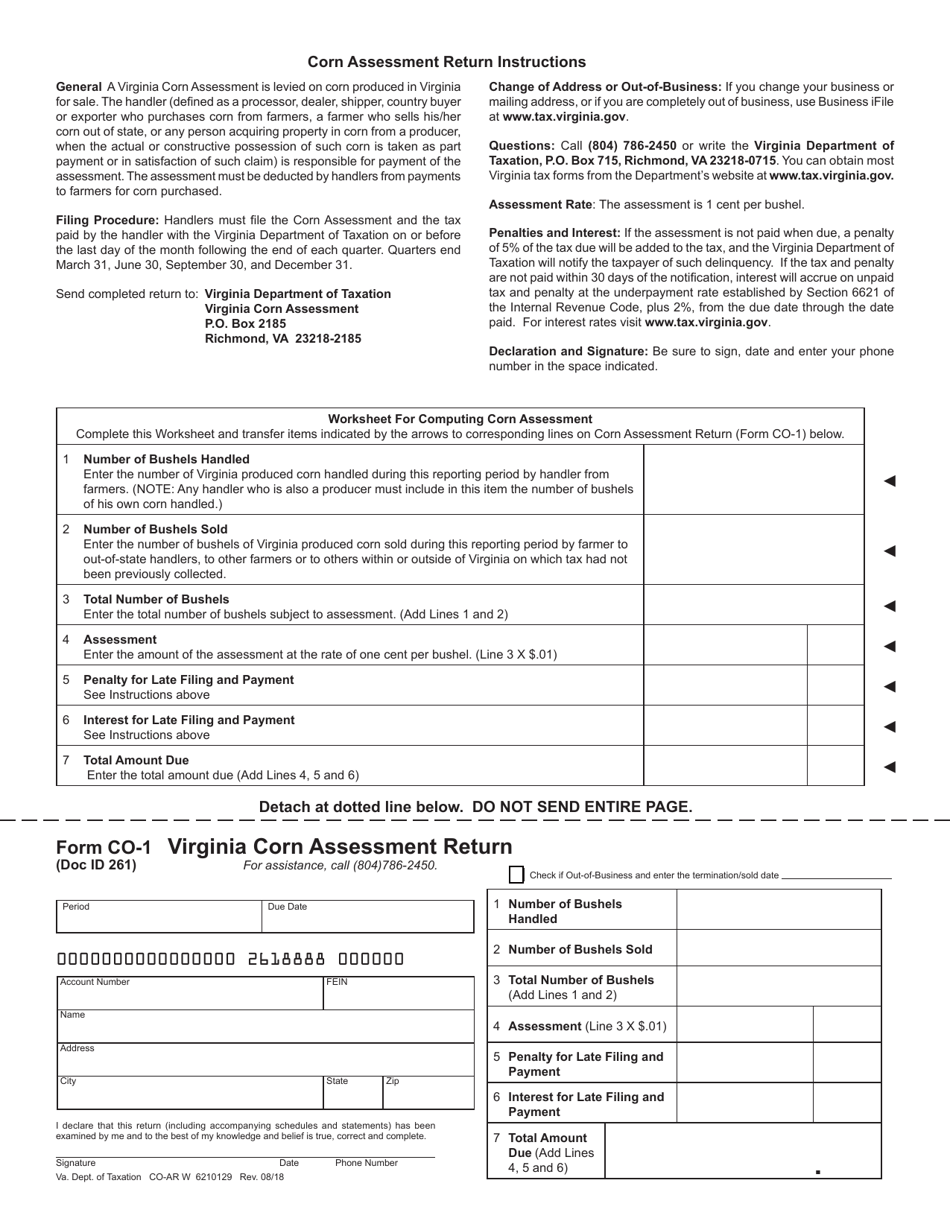 Form CO-1 Virginia Corn Assessment Return - Virginia, Page 1
