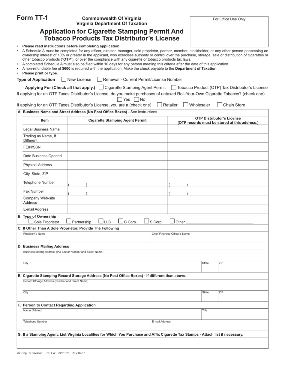 Form TT-1 Application for Cigarette Stamping Permit and Tobacco Products Tax Distributors License - Virginia, Page 1